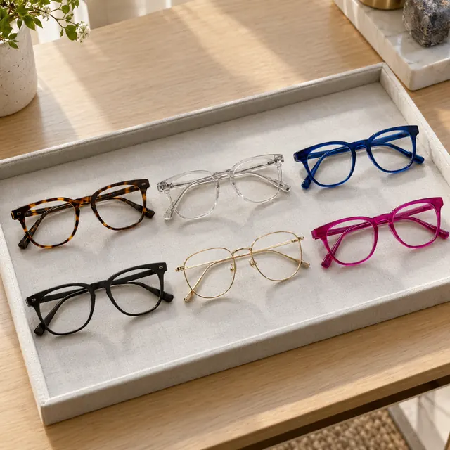 Six coloured frames on a tray to choose from
