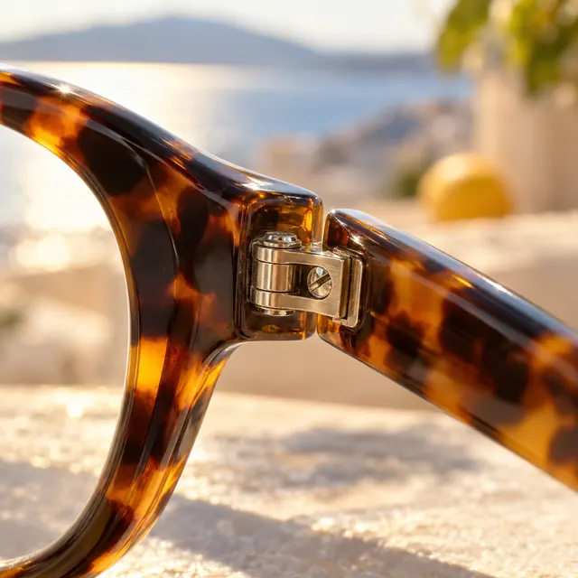 Close-up of the hinge on a tortoiseshell frame
