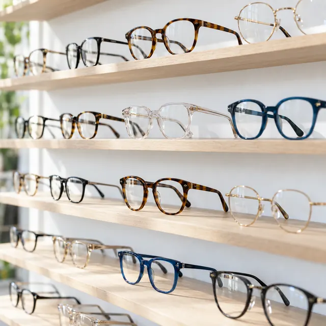 Prescription frames in several styles on an optician’s shelves