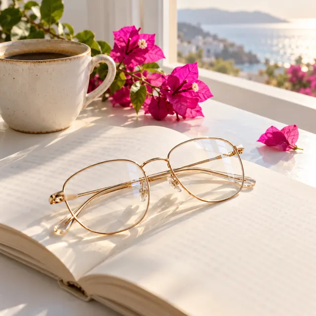 Gold-rimmed glasses on an open book
